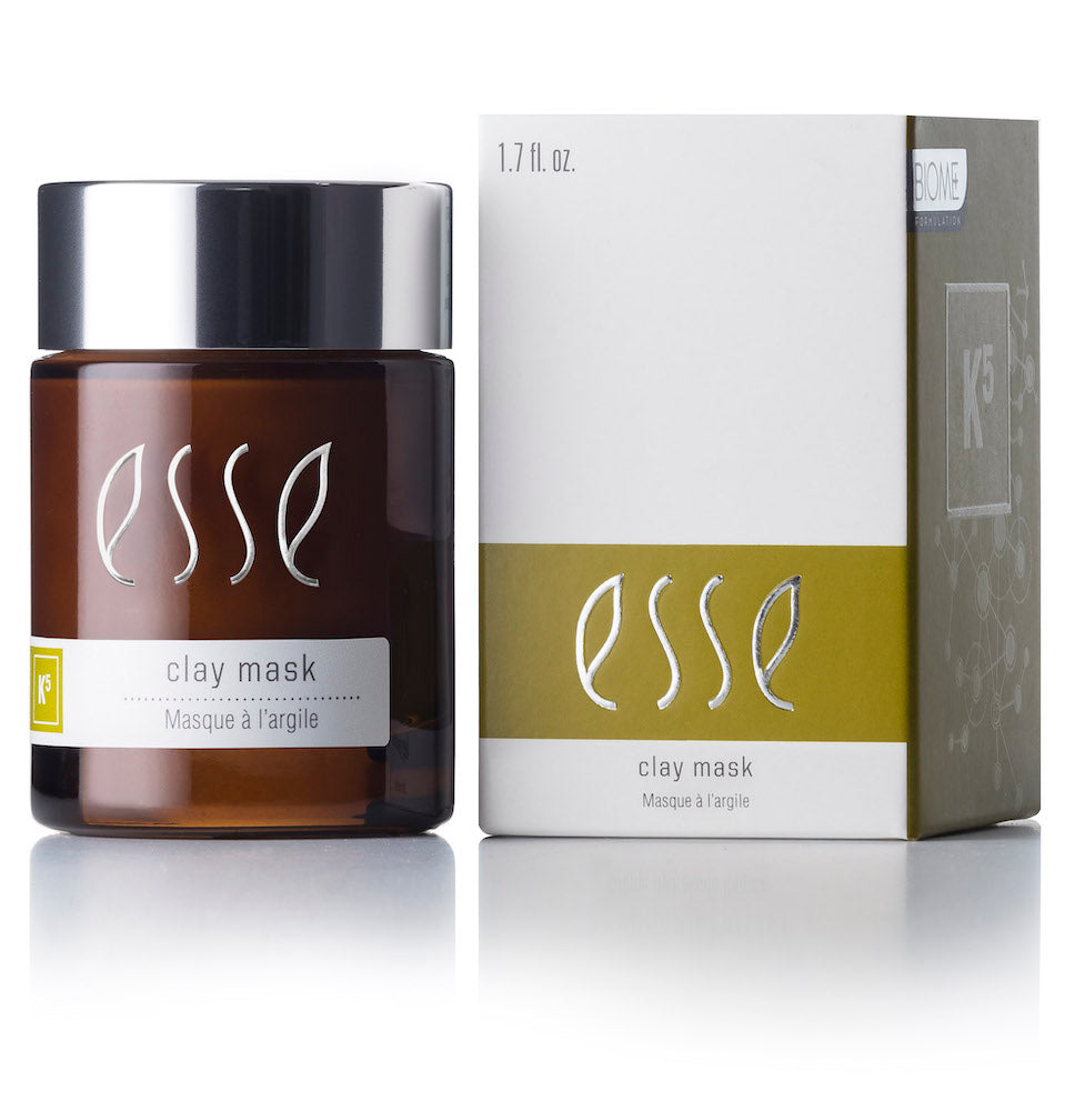 ESSE SKINCARE FACIAL MASK IN A BROWN JAR WITH WHITE PACKAGING NEXT TO IT