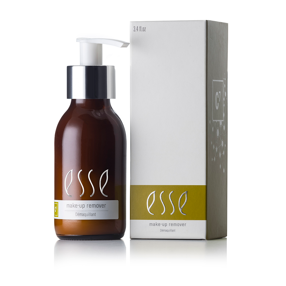 ESSE SKINCARE MAKE UP REMOVER IN A BROWN PUMP BOTTLE WITH WHITE BOX PACKAGING